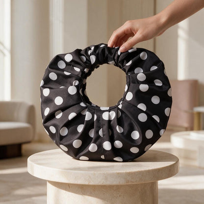 Black White Polka Dot Bag, Ruched Shoulder Purse, Puffy Handbag, Statement Evening Bag, Retro Womens Shoulder Bag