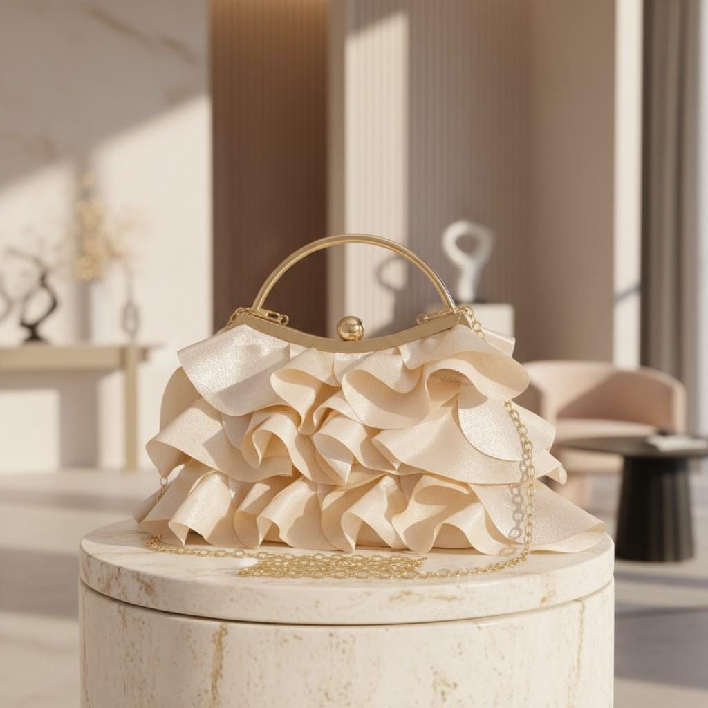 Cream Ruffle Clutch, Champagne Evening Bag, Ivory Top Handle Purse, Elegant Wedding Guest Bag, Romantic Statement Handbag