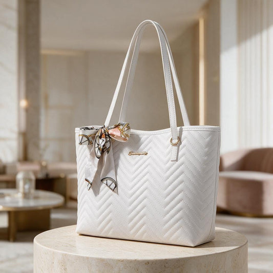 White Quilted Tote Bag, Chevron Shoulder Handbag, Women's Purse Set, White Tote with Matching Mini Bag, Everyday Carryall