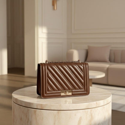 Brown Quilted Shoulder Bag, Chain Strap Purse, Diagonal Quilted Handbag, Structured Crossbody Bag, Elegant Everyday Bag