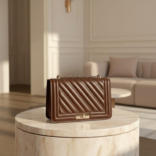 Brown Quilted Shoulder Bag, Chain Strap Purse, Diagonal Quilted Handbag, Structured Crossbody Bag, Elegant Everyday Bag