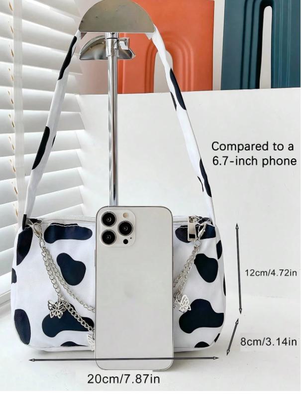 Cow Print Shoulder Bag, Black White Purse, Y2K Cow Pattern Handbag, Butterfly Chain Bag, Cute Animal Print Bag