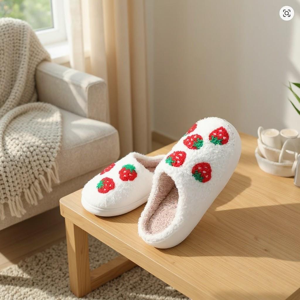 Strawberry Slippers, Cute Fuzzy House Shoes, Cozy Fruit Slippers
