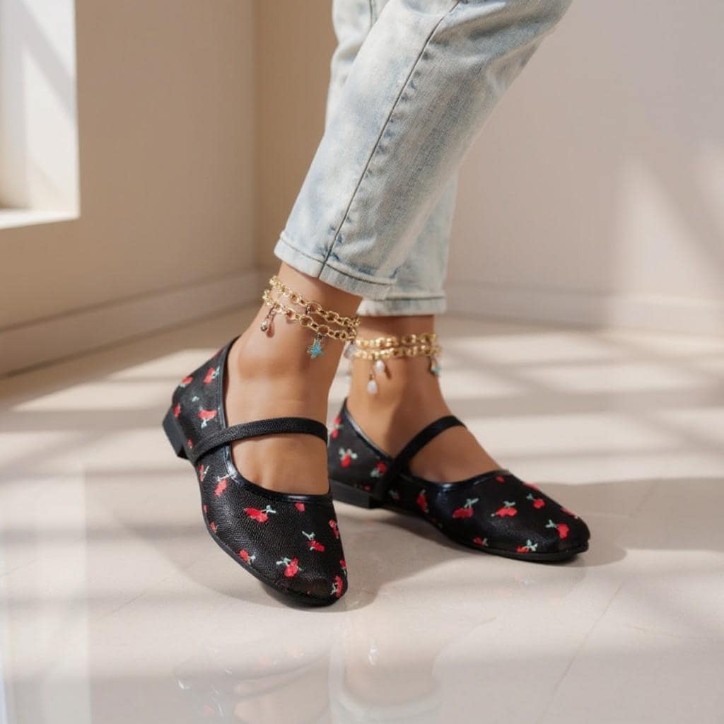 Black Cherry Mary Jane Flats, Floral T Strap Ballet Shoes, Vintage Cherry Print Shoes