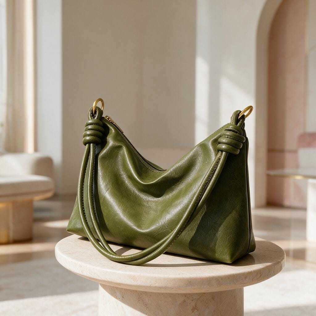Olive Green Hobo Bag, Slouchy Shoulder Bag, Soft Faux Leather Purse, Y2K Shoulder Handbag, Knotted Strap Bag, Everyday Tote