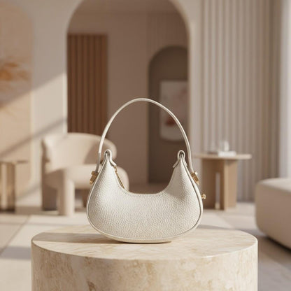 White Crescent Shoulder Bag, Textured Hobo Purse, Gold Hardware Handbag, Minimalist Half Moon Bag, Everyday Underarm Purse