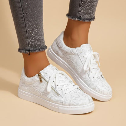 White Floral Sneakers, Women's Lace Up Shoes, Gold Zipper Casual Trainers