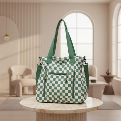 Green Checker Shoulder Bag, Large Tote Purse for Women, Plaid Crossbody Bag, Everyday Travel Handbag