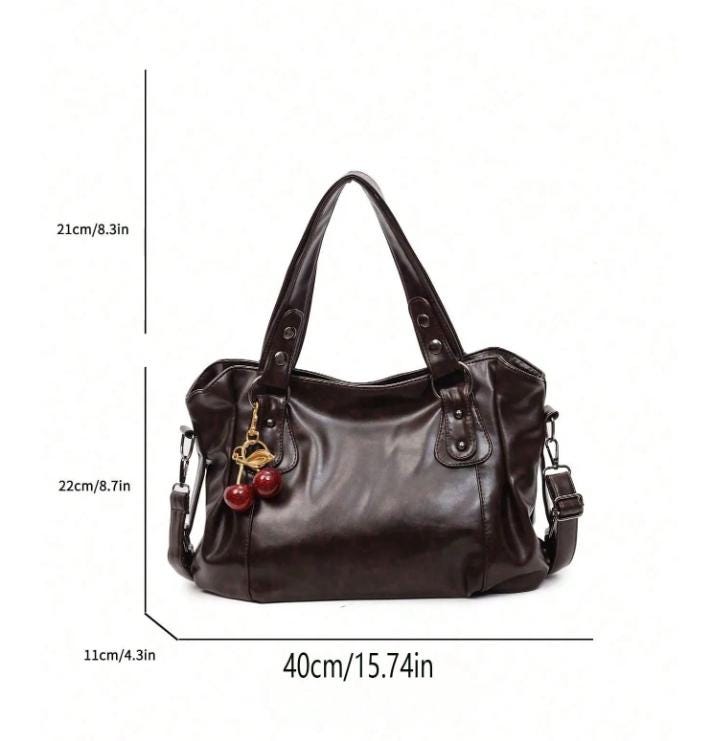 Brown Hobo Shoulder Bag, Cherry Charm Handbag, Slouchy Tote Purse, Large Everyday Bag
