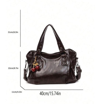 Brown Hobo Shoulder Bag, Cherry Charm Handbag, Slouchy Tote Purse, Large Everyday Bag