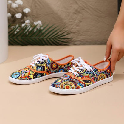 Colorful Geometric Sneakers for Women, Boho Patterned Low Top Shoes, Multicolor Lace Up Sneakers, Artistic Casual Footwear