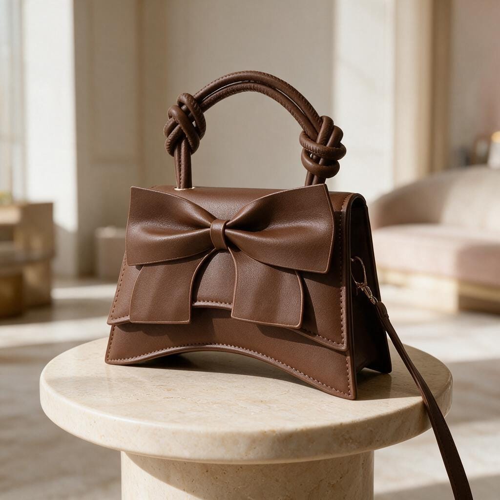 Brown Bow Handbag, Structured Top Handle Purse, Large Bow Shoulder Bag, Elegant Crossbody Bag, Feminine Brown Purse