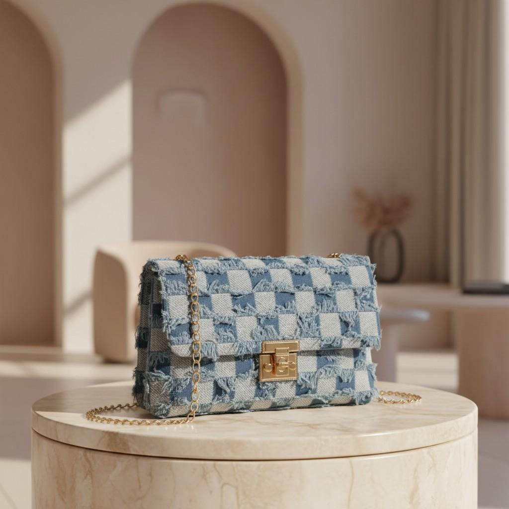 Patchwork Denim Shoulder Bag, Frayed Jeans Purse, Blue Crossbody Bag, Gold Chain Handbag, Y2K Casual Bag