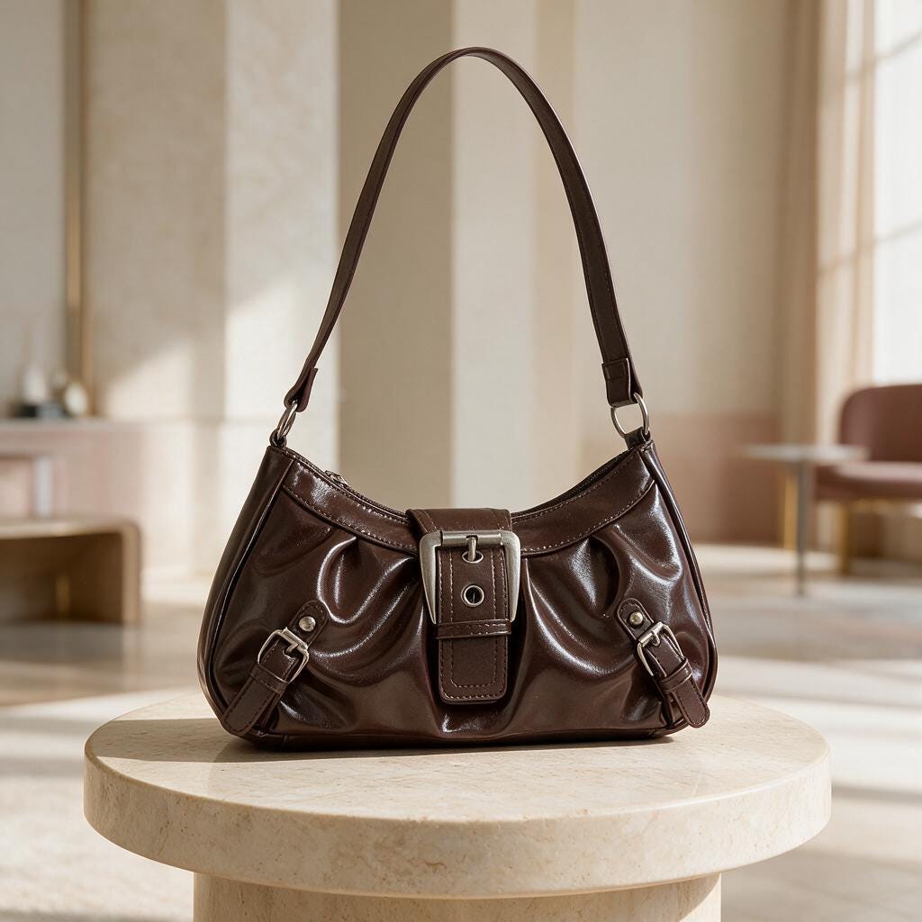 Dark Brown Shoulder Bag, Buckle Baguette Purse, Y2K Handbag, Vintage Inspired Small Bag