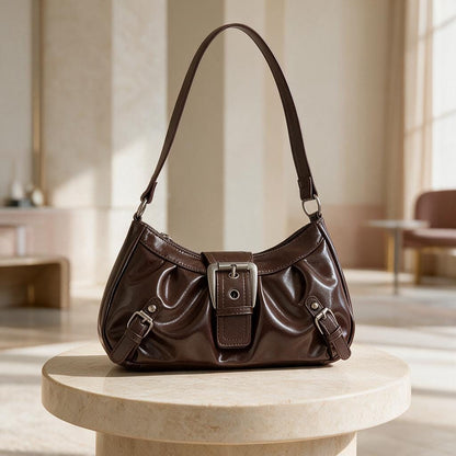 Dark Brown Shoulder Bag, Buckle Baguette Purse, Y2K Handbag, Vintage Inspired Small Bag