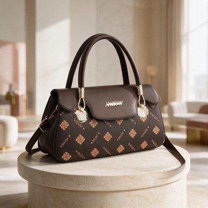Brown Patterned Handbag, Structured Top Handle Purse, Monogram Style Shoulder Bag, Brown Crossbody Satchel, Women's Bag