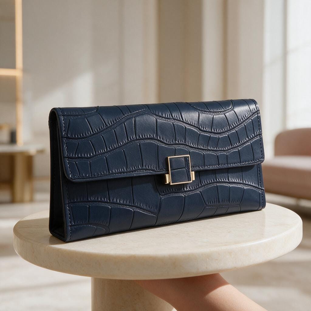 Navy Croc Embossed Wallet, Long Womens Flap Wallet, Elegant Clasp Purse