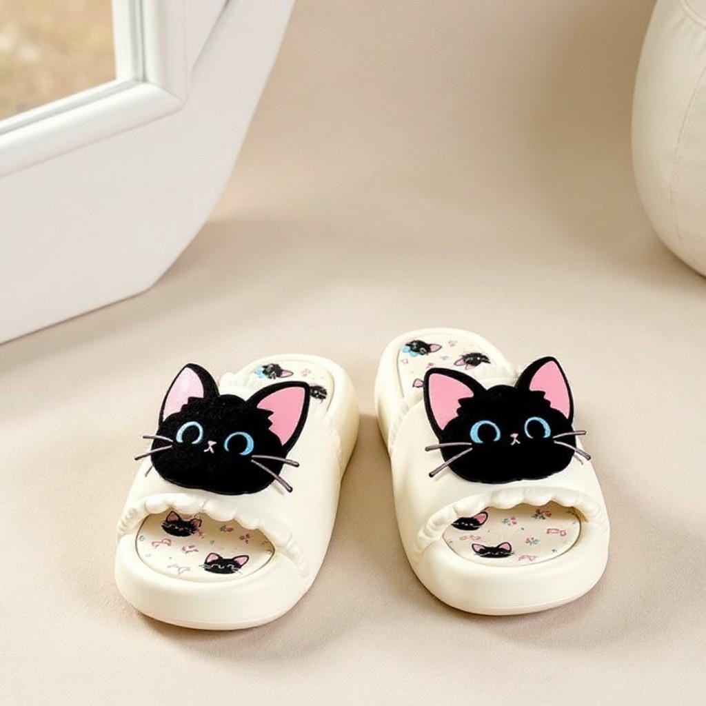 Cute Cat Slippers, Black Cat Slides, Kawaii House Slippers, Women's Indoor Slippers, Funny Cat Shoes, Cozy Summer Slides, Gift for Cat Lover