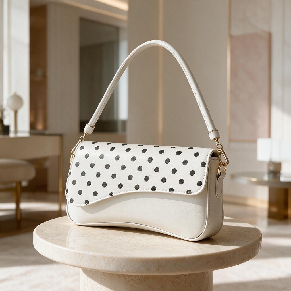 Polka Dot Shoulder Bag, White Crossbody Purse, Y2K Baguette Handbag, Retro Everyday Bag