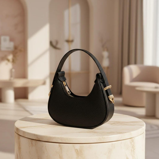 Black Crescent Shoulder Bag, Pebbled Hobo Purse, Textured Half Moon Handbag, Gold Hardware Bag, Minimalist Everyday Purse