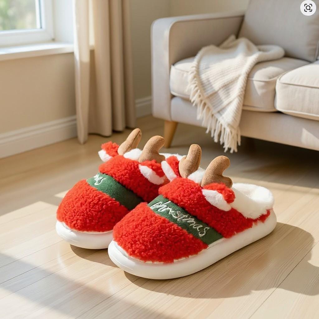 Reindeer Christmas Slippers, Fuzzy Holiday Slides, Plush Cozy House Shoes