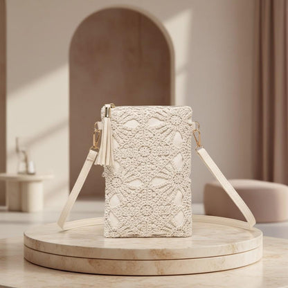 Cream Crochet Crossbody Bag, Lace Shoulder Purse, Boho Tassel Mini Bag
