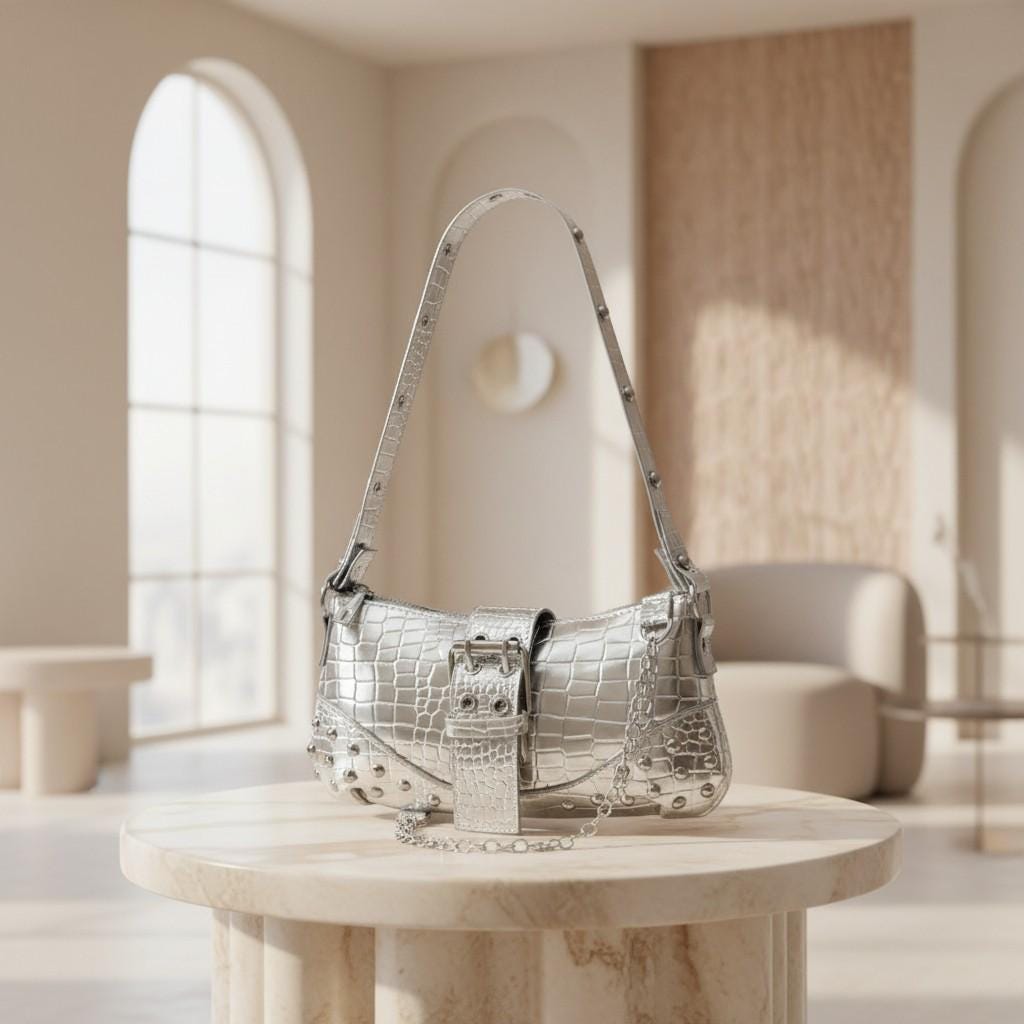Silver Croc Baguette Bag, Y2K Shoulder Purse, Studded Metallic Handbag, Crocodile Embossed Bag, Buckle Chain Purse