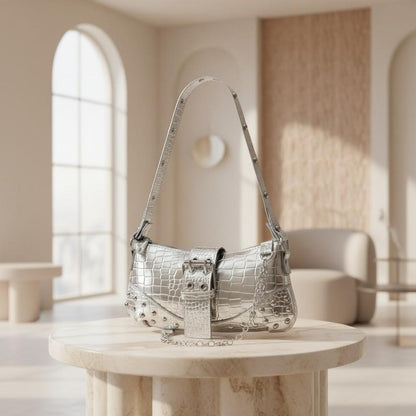 Silver Croc Baguette Bag, Y2K Shoulder Purse, Studded Metallic Handbag, Crocodile Embossed Bag, Buckle Chain Purse