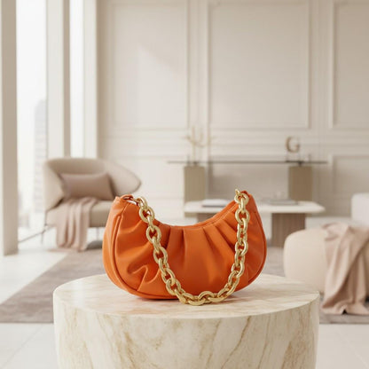 Orange Ruched Shoulder Bag, Crescent Purse for Women, Chain Strap Handbag, Small Evening Bag, Trendy Orange Purse