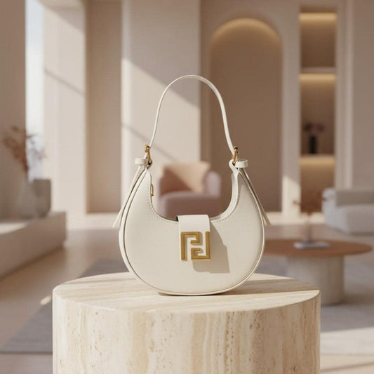 White Hobo Shoulder Bag for Women, Crescent Purse, Small Handbag with Gold Detail, Minimalist Everyday Bag