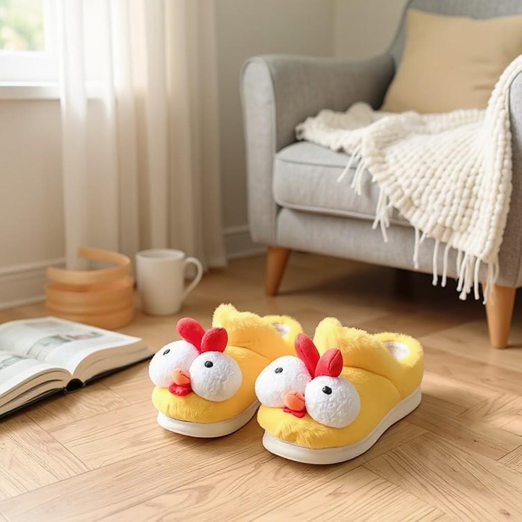 Chicken Slippers, Funny Fuzzy House Shoes, Plush Chick Animal Slides, Cozy Indoor Footwear