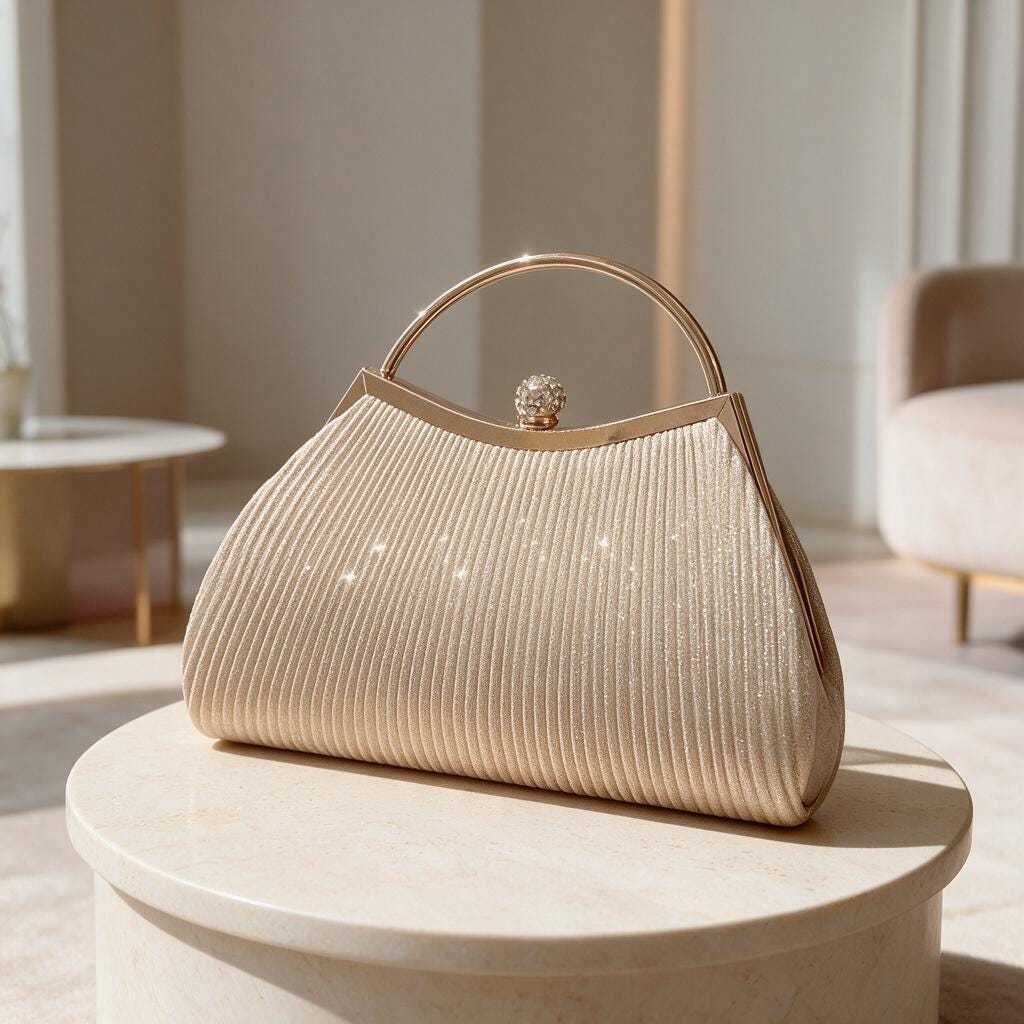 Champagne Gold Pleated Clutch, Top Handle Evening Bag, Wedding Guest Purse
