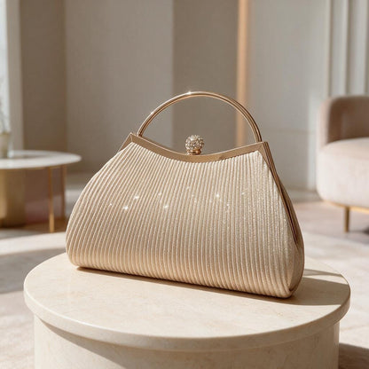 Champagne Gold Pleated Clutch, Top Handle Evening Bag, Wedding Guest Purse