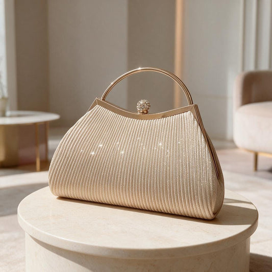 Champagne Gold Pleated Clutch, Top Handle Evening Bag, Wedding Guest Purse