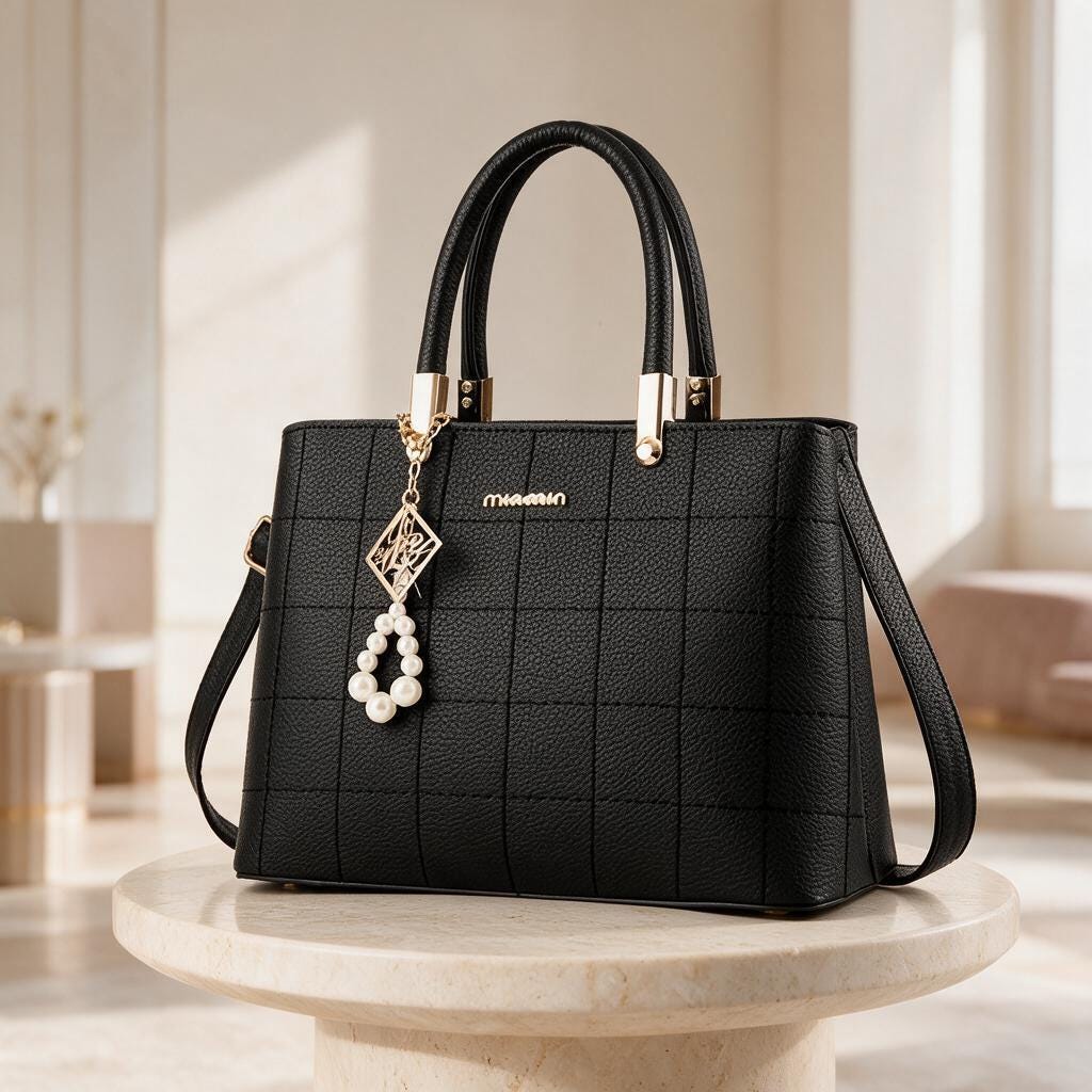 Black Quilted Tote Bag, Pearl Charm Handbag, Structured Top Handle Purse, Women's Shoulder Bag, Elegant Crossbody Bag