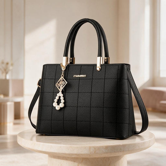 Black Quilted Tote Bag, Pearl Charm Handbag, Structured Top Handle Purse, Women's Shoulder Bag, Elegant Crossbody Bag