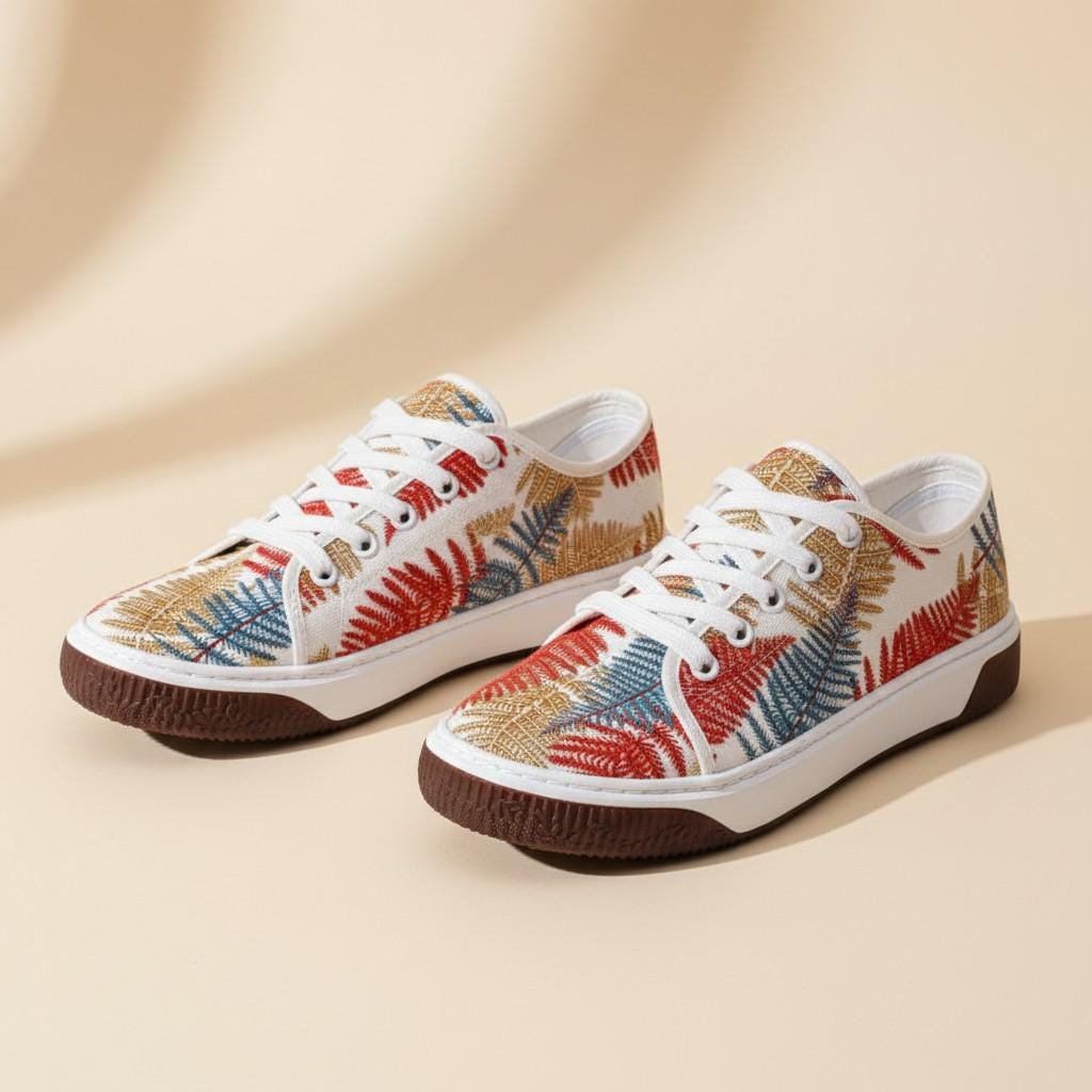 Botanical Leaf Sneakers, Women's Floral Canvas Shoes, Nature Inspired Low Top Sneakers, Colorful Casual Shoes, Gift for Her