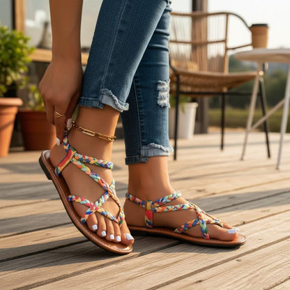 Multicolor Braided Sandals for Women, Colorful Strappy Flat Sandals, Boho Summer Shoes