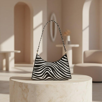 Zebra Print Shoulder Bag, Black White Baguette Purse, Y2K Animal Print Handbag, Zebra Underarm Bag, Retro Women's Purse