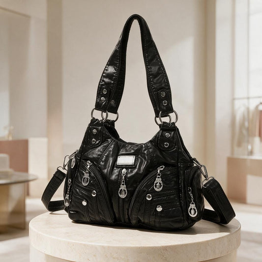 Black Multi Pocket Shoulder Bag, Faux Leather Hobo Purse, Zipper Handbag, Casual Everyday Crossbody Bag, Women Black Handbag