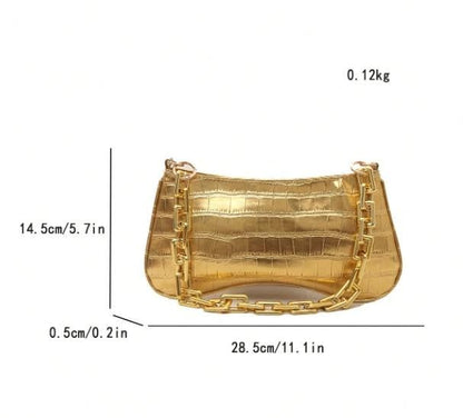 Gold Crocodile Embossed Shoulder Bag, Y2K Baguette Purse, Metallic Chain Bag, Mini Underarm Handbag, Glam Evening Purse