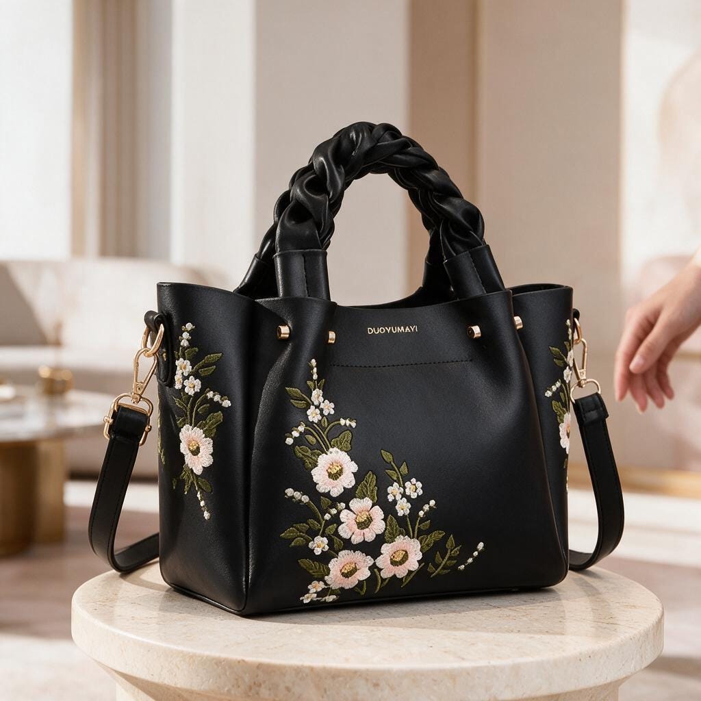 Black Floral Embroidered Tote Bag, Braided Handle Handbag, Women's Shoulder Bag, Floral Crossbody Purse, Everyday Tote