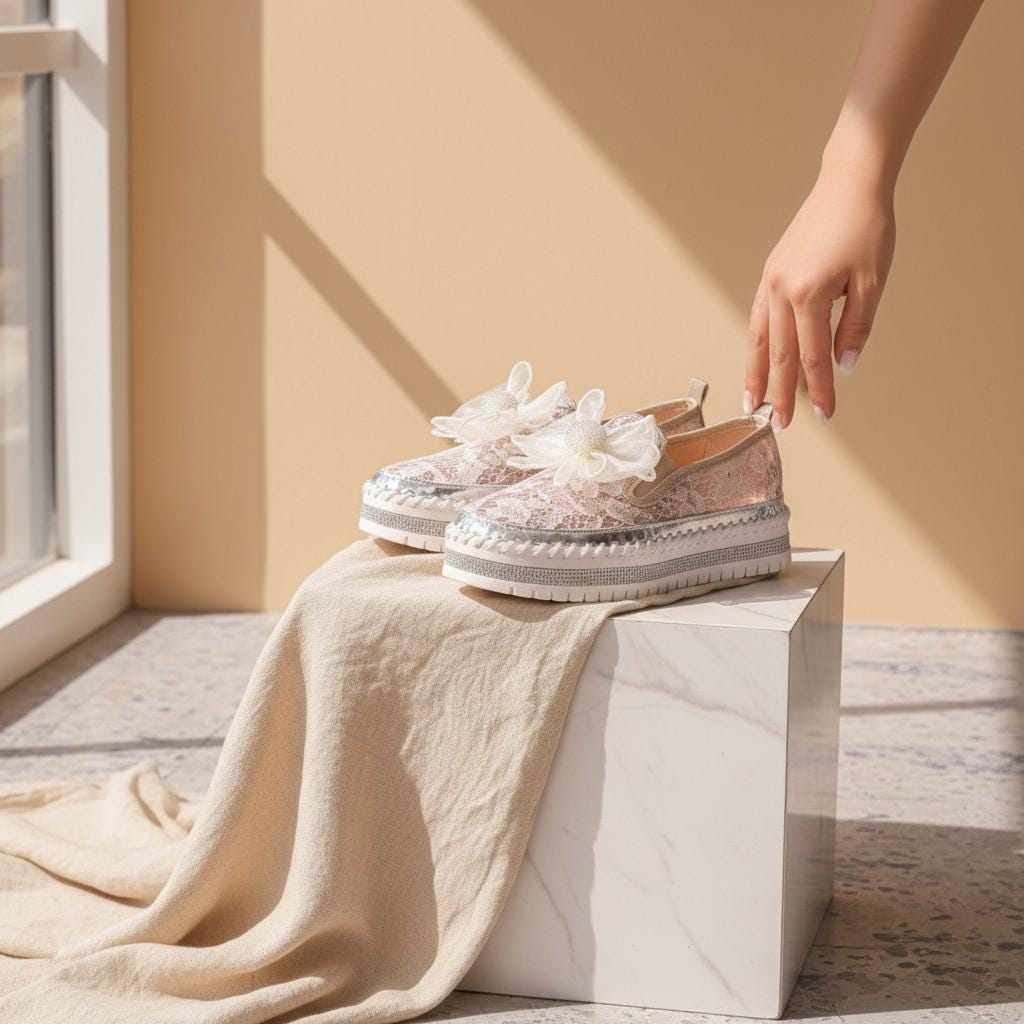 Floral Lace Bridal Shoes, Ivory Wedding Slip On Shoes, Flower Platform Sneakers