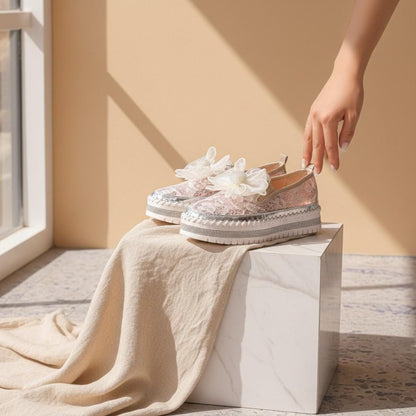 Floral Lace Bridal Shoes, Ivory Wedding Slip On Shoes, Flower Platform Sneakers