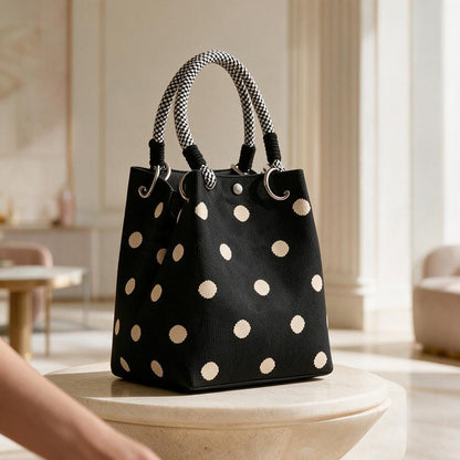 Black Polka Dot Tote Bag, White Dot Shoulder Purse, Rope Handle Handbag, Casual Womens Tote, Trendy Everyday Bag