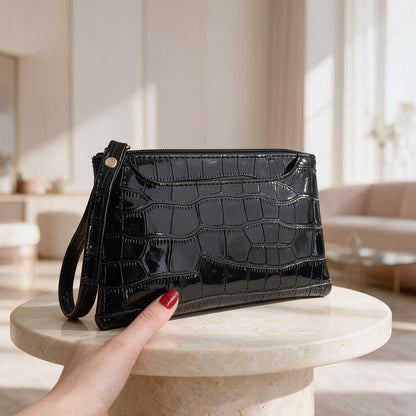 Black Crocodile Clutch Bag, Glossy Wristlet Purse, Embossed Black Evening Bag, Croc Print Pouch, Sleek Zip Wristlet