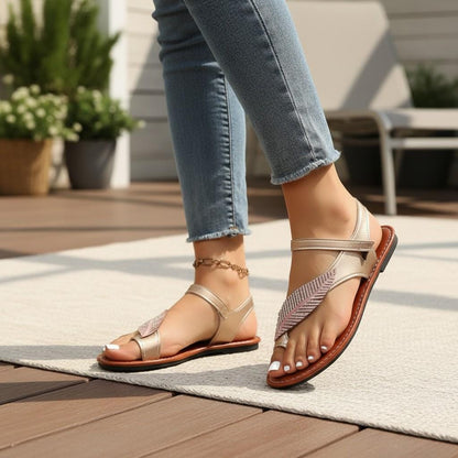 Champagne Gold Sandals for Women, Metallic Strappy Flat Sandals, Rhinestone Summer Shoes