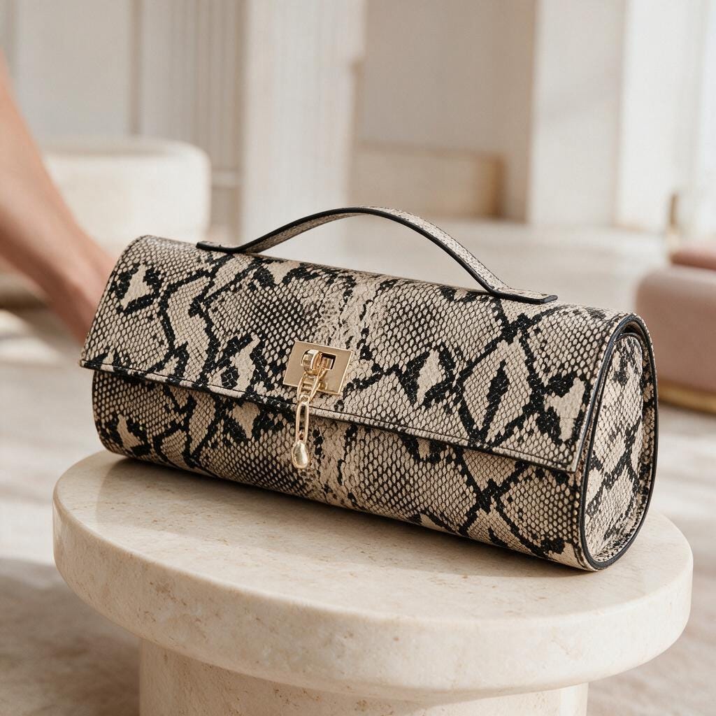 Snake Print Clutch Bag, Snakeskin Inspired Evening Purse, Beige Statement Handbag, Structured Top Handle Bag, Animal Print Clutch