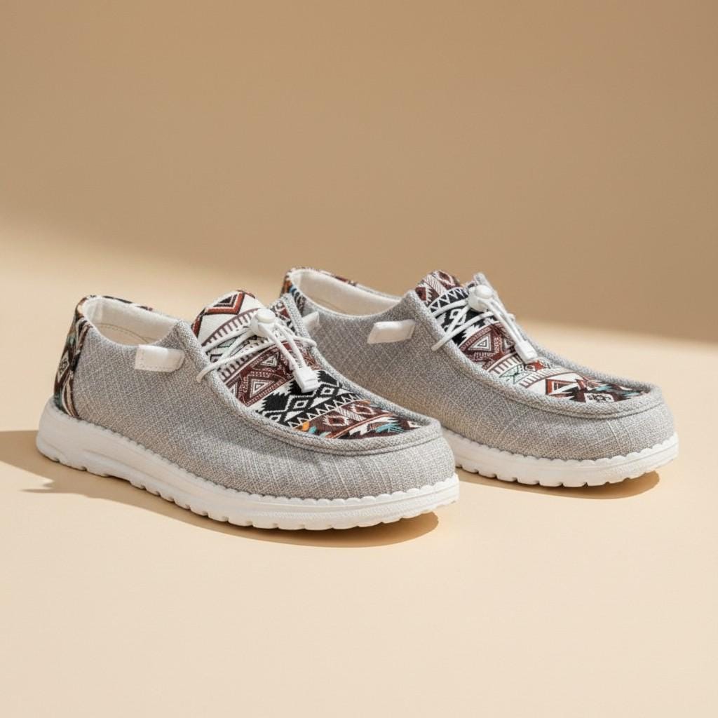 Aztec Print Moccasin Shoes for Women, Gray Geometric Lace Up Casual Flats