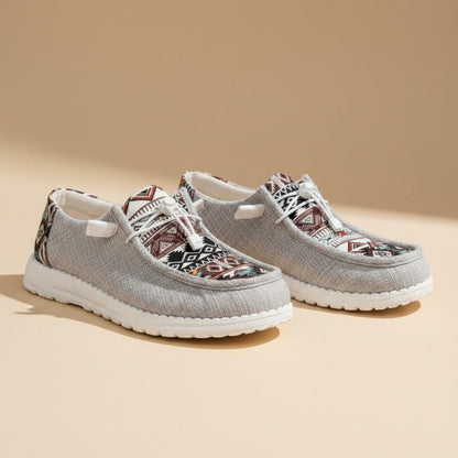 Aztec Print Moccasin Shoes for Women, Gray Geometric Lace Up Casual Flats